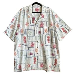 Caribbean Men's Sealife Tile Print Front Button Short Sleeve